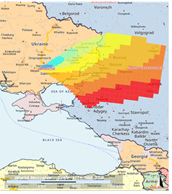 Karte zeigt einfarbige Zonen über Südosteuropa und Russland mit geografischen Markierungen.